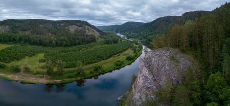 Aerial view of the river of Belaya and Ural Mountains, Russiaの写真素材