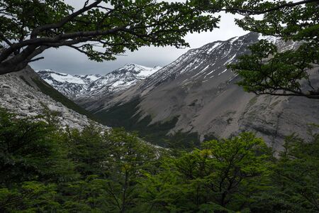 Snow capped mountains in Chilean Patagoniaの写真素材