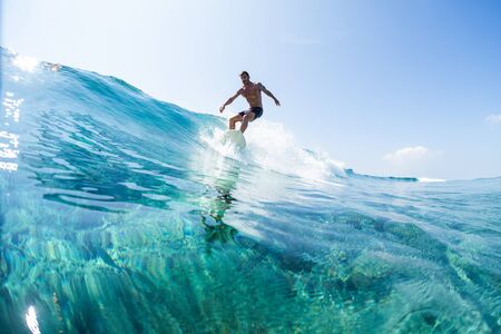 Surfer rides the glassy ocean wave in tropicsの写真素材