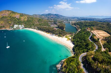 Aerial view of Nai Harn beach during high season, Phuket island, Thailandの写真素材