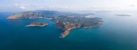 Aerial panorama of Promthep Cape and the southern tip of Phuket island, Thailandの写真素材