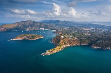 Aerial view of Promthep Cape on the south of Phuket island, Thailandの写真素材