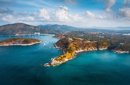 Aerial view of Promthep Cape on the south of Phuket island, Thailandの写真素材