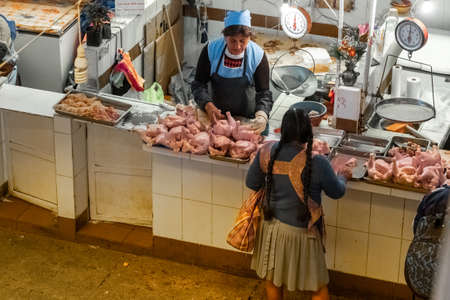 SUCRE / BOLIVIA - APRIL 10, 2018: Meat stall (carniceria) on the local market in the city of Sucre in Boliviaのeditorial素材