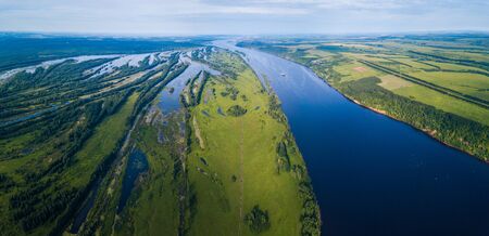 Aerial panorama of the river of Kama at sunny summer day, Russiaの写真素材