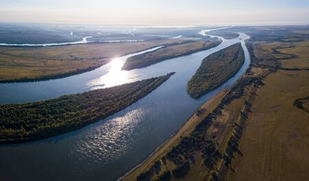 Aerial panorama of the river of Buzan, Astrakhan Region, Russiaの写真素材