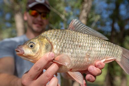 Young happy angler holds the fish (Carassius) and smiles with natural forest backgroundの写真素材