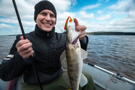Young amateur angler holds zander fish (Sander lucioperca) in the hand with the bright silicon lure hanging on the fishの写真素材