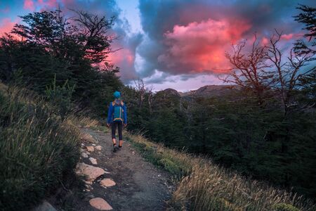 Woman hiker walks on the trail with bright pink clouds in the morning skyの写真素材