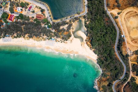 Aerial top down view of Nai Harn beach at sunny day on Phuket island in Thailandの写真素材