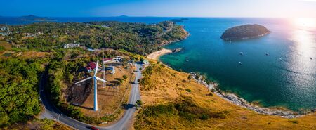 Aerial panorama of the island of Phuket in Thailand during sunny day. Area of the wind generator and its viewpointの写真素材