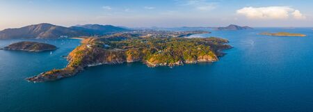 Aerial panorama of the Promthep cape - southernmost tip of the island of Phuket, Thailandの写真素材