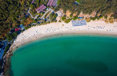 Aerial top down view of Nai Harn beach at sunny day, Phuket island, Thailandの写真素材