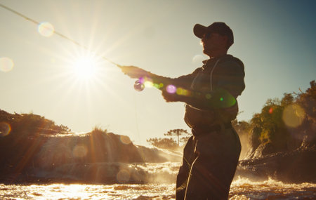Fly fishing. Fisherman in waders fishing on the rapid riverの写真素材