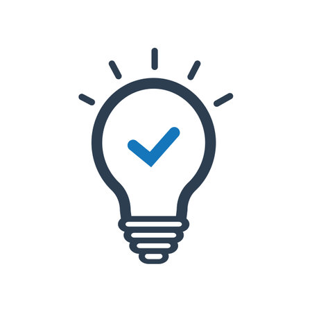 Bulb with check mark icon. Outline vector icon for web design isolated on white background. Business idea,innovation iconのイラスト素材