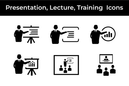 Presentation training icons set. Black on white. Vector illustration.のイラスト素材