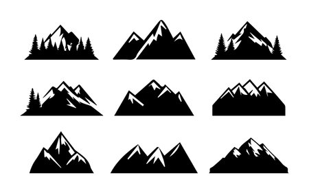 Mountains icons, set of shilhoettes isolated on white background. Flat design. Vector illustrationのイラスト素材