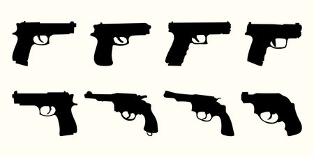 Set of 9 gun silhouettes on white background. Vector illustration.のイラスト素材