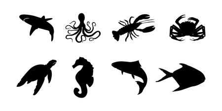 Set of sea animals silhouettes isolated on white background. Vector illustration.のイラスト素材