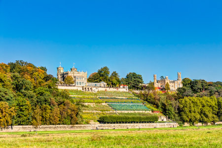 Beautiful Elbe river, valley and castles in Dresden, Germanyのeditorial素材