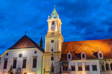 Old Town Hall tower at night in the city center of Bratislava, Slovakiaのeditorial素材