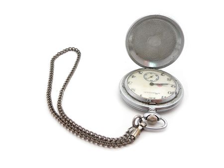 old pocket watch with chain isolated on whiteの写真素材