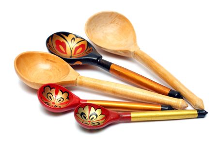 set of russian wooden spoones isolated on whiteの写真素材