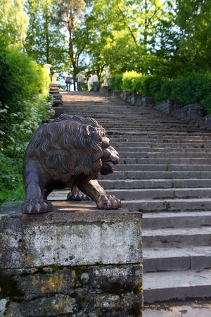 lion sculpture on stairs in Pavlovsk park Saint-Petersburg Russiaの写真素材