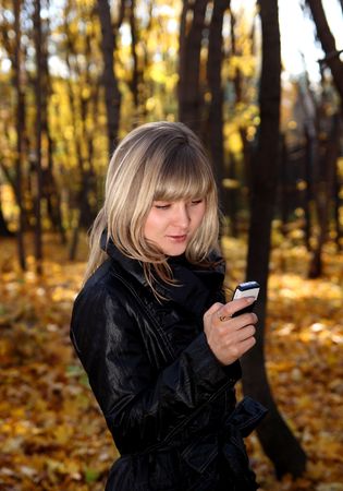 beauty girl messaging with phone in autumn parkの写真素材