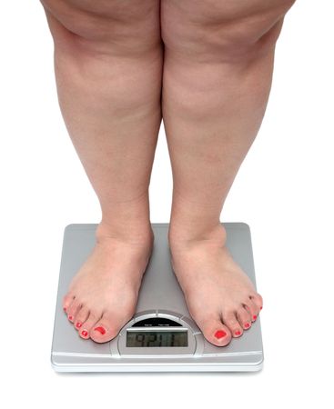 women legs with overweight standing on bathroom scalesの写真素材