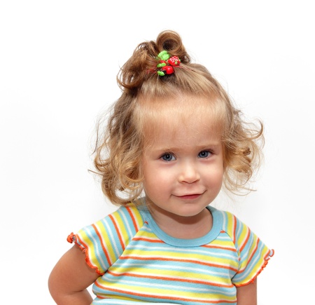 cute simling girl portrait on white backgroundの写真素材