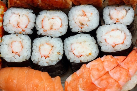 Japanese cuisine background - set of rolls and sushiの写真素材