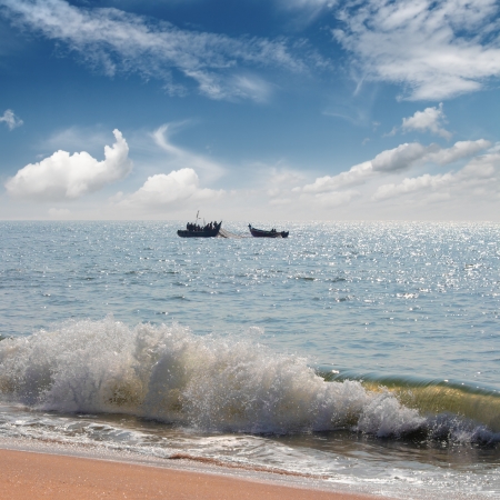 landscape with fisherman boats in sea - Indiaの写真素材