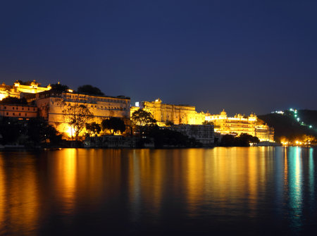 night view on palace and lake in Udaipur Indiaのeditorial素材