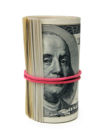 roll of 100 dollar bills, tie covers her mouth to Franklin - the concept of silence for the moneyの写真素材