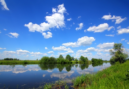 beautiful summer lake landscape in Russiaの写真素材