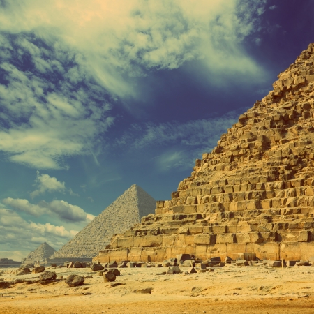 famous ancient egypt pyramids in Giza Cairo - vintage retro styleの写真素材