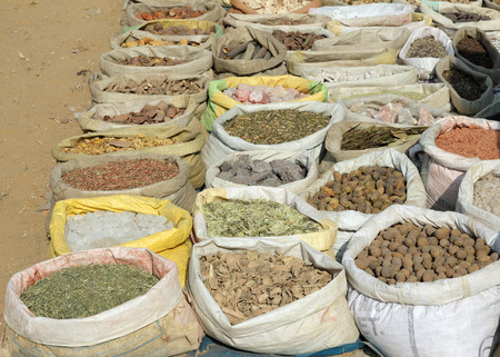 many bags with spices on indian marketの写真素材