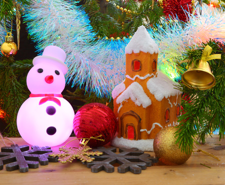 Christmas decoration - house, snowflakes and snowmanの写真素材