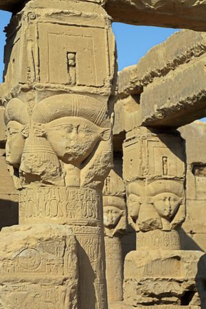 Ancient Egyptian fertility goddess Hathor sculptures on the pillars in the temple of Denderaの写真素材