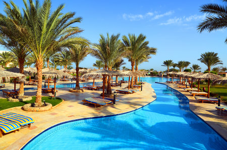 Swimming pool with palm trees at resortのeditorial素材