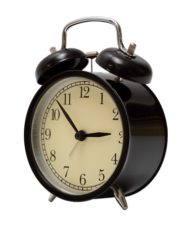 black retro alarm clock isolated on whiteの写真素材