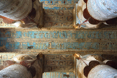 Interior of the painted and carved hypostyle hall at Dendera Temple, Ancient Egyptian temple near Qena.の写真素材