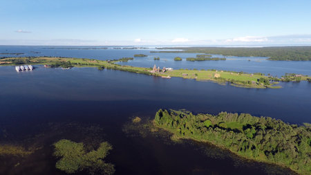landscape with Onega lake and Kizhi island in Karelia - aerial viewのeditorial素材