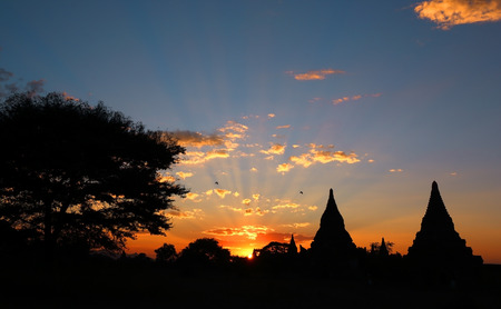 Silhouette of Temples and tree in Bagan at sunset, Myanmar (Burma)の写真素材