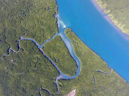Aerial view on estuaries and strait on Ko Lanta island, Thailandの写真素材
