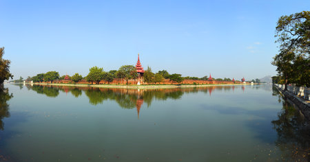 Panorama with Wall of Fort of Royal Palace and Hill in Mandalay, Myanmar (Burma)のeditorial素材