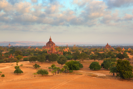 Landscape with Temples in Bagan at sunrise, Myanmar (Burma)の写真素材