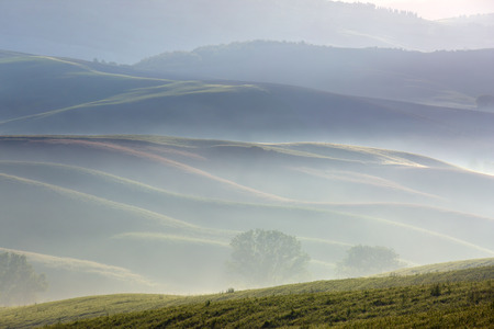 Tuscany foggy morning, farmland hill country landscape. Italy, Europe.の写真素材