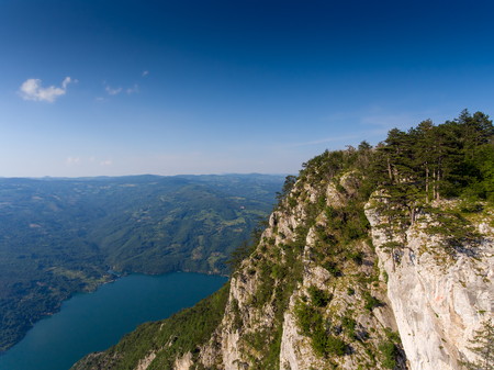 Aerial view on famous Banjska stena on Drina river in Tara National Park, Serbiaの写真素材